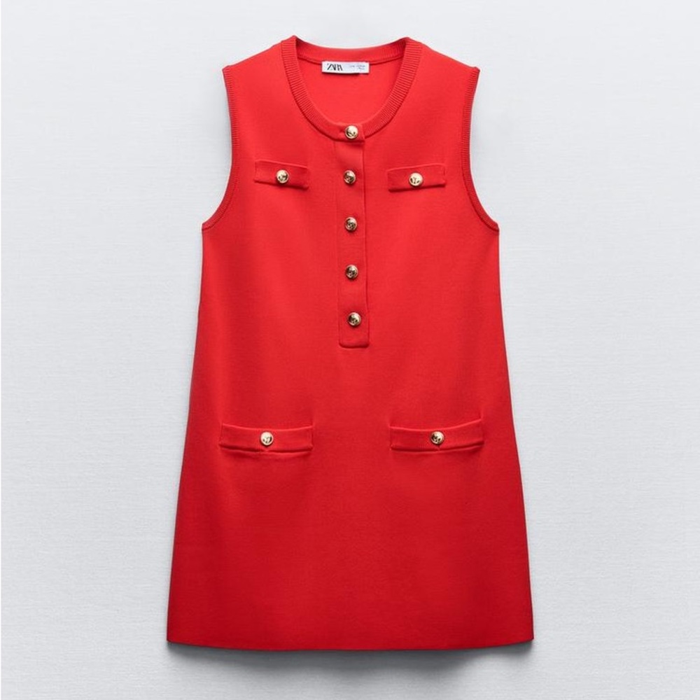 NWOT Zara Knit Red Dress with Gold Buttons